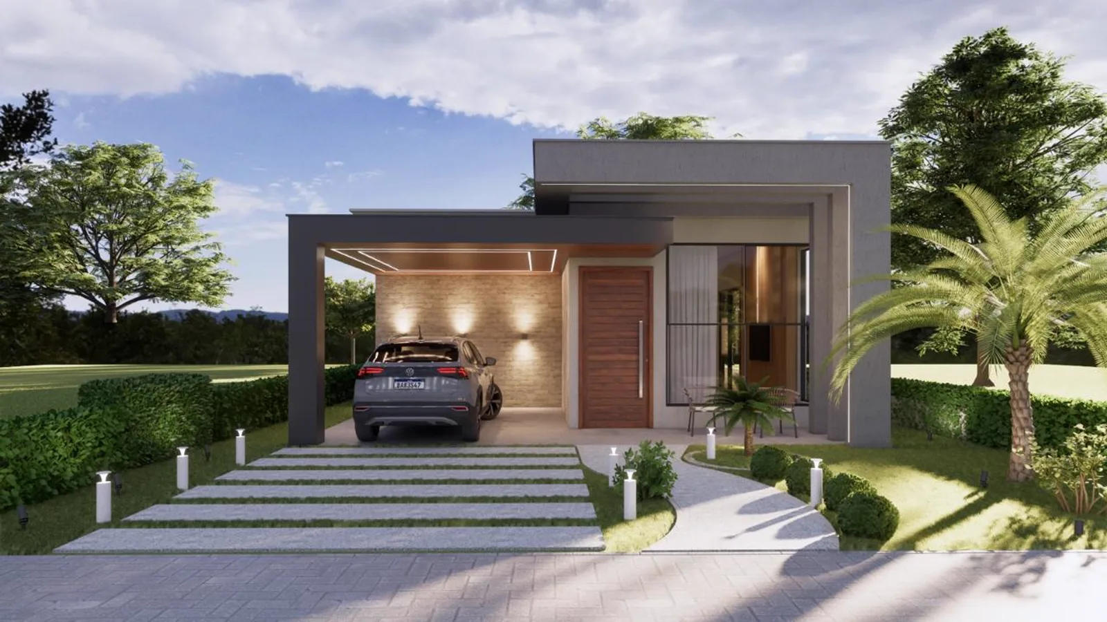 Residência moderna com carport e palmeiras